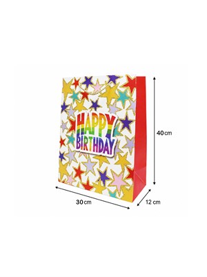 Happy Birthday Simli Karton Çanta – Hediye Alışveriş Çantası Beyaz 30x40x12 cm