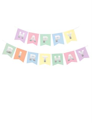 Happy Birthday Yazı Doğum Günü Banner Parti Süsü Makaron Gümüş