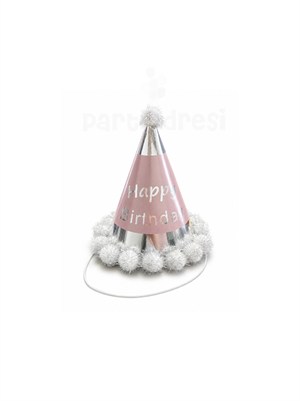 Happy Birthday Yazılı Ponponlu Doğum Günü Şapkası Pembe Gümüş