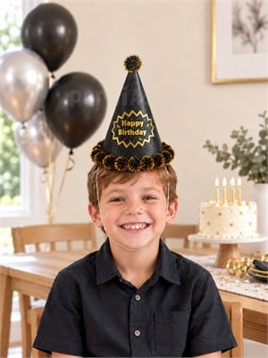 Happy Birthday Yazılı Simli Doğum Günü Parti Şapkası Siyah