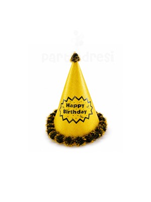 Happy Birthday Yazılı Simli Doğum Günü Parti Şapkası Altın