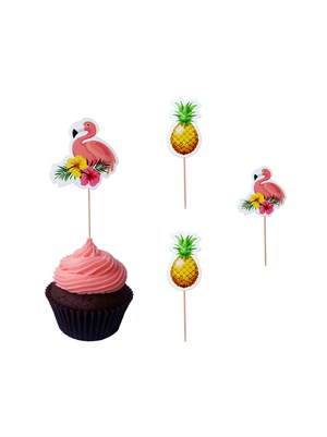 Hawaii Temalı Kürdan Flamingo Ananas Figürlü Cupcake Kürdanı Pasta Süsü 10lu