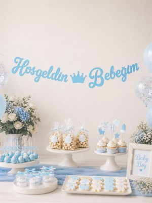 Hoş Geldin Bebeğim Yazılı Kaligrafi Banner Mavi