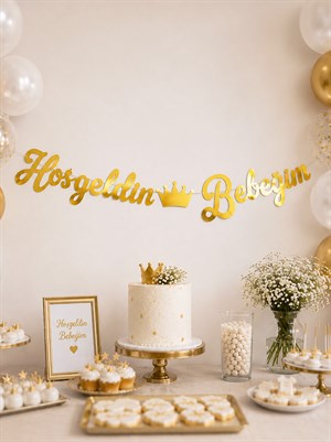 Hoşgeldin Bebeğim Yazılı Kaligrafi Banner Dekoratif Süs Altın