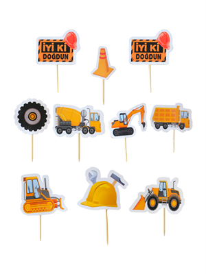 İnşaat Temalı Figürlü Kürdan Pasta Süsü Cupcake Kürdanı 10lu