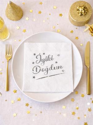 İyi Ki Doğdun Desenli Doğum Günü Peçetesi Beyaz Gümüş 16lı