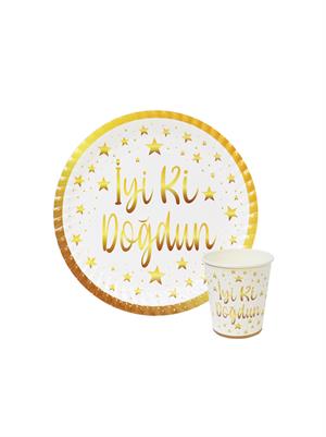 İyi Ki Doğdun Yazılı Tabak Bardak Set Beyaz Gold 8li