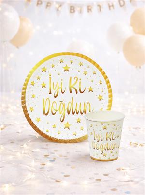 İyi Ki Doğdun Yazılı Tabak Bardak Set Beyaz Gold 8li