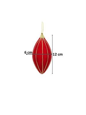 Kadife Yılbaşı Ağaç Süsü – Altın Boncuk Detaylı Damla Dekoratif Süs Kırmızı 8 cm 3lü