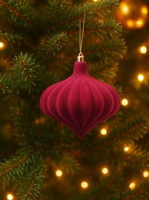 Kadife Yılbaşı Topu – Damla Form Çam Ağacı Süsü Bordo 13 cm 2li