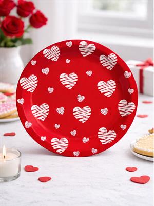 Kalp Baskılı Tabak Love Karton Tabak Kırmızı 8li