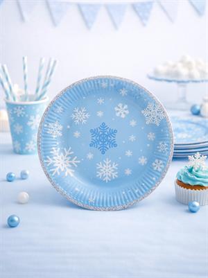 Kar Tanesi Temalı Tabak Karton Doğum Günü Tabağı Açık Mavi 8li