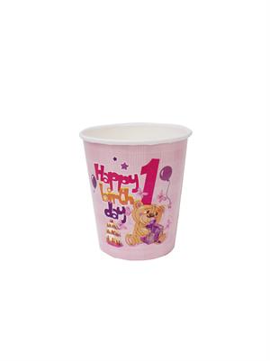 1 Yaş Kız Doğum Günü Karton Bardak - Pembe Ayıcıklı Parti Bardağı 8li