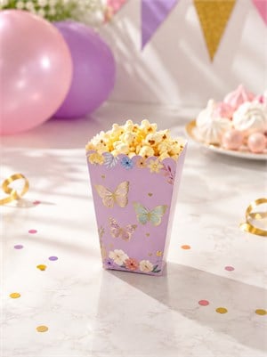 Kelebek Temalı Lila Mısır Kutusu – Doğum Günü Parti Popcorn Kutusu 8li