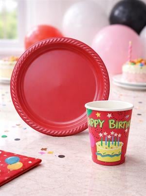 Kırmızı Plastik Tabak & Karton Bardak Seti – Doğum Günü Parti Malzemesi 24lü 