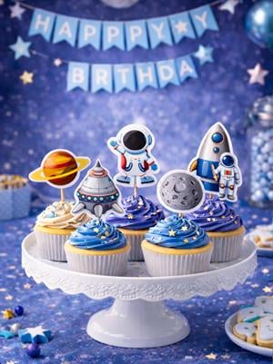 Kozmik Galaksi Temalı Kürdan Uzay Figürlü Cupcake Kürdanı Pasta Süsü 10lu