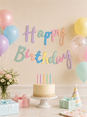 Makaron Happy Birthday Kaligrafi Banner – Doğum Günü Parti Dekorasyonu