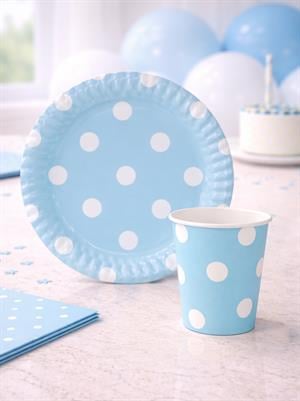 Mavi Beyaz Puantiyeli Karton Tabak & Bardak Seti 8li