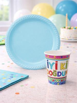 Mavi Plastik Tabak & Karton Bardak Seti – Doğum Günü Parti Malzemesi 24lü 