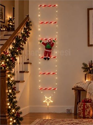 Merdivenli Tırmanan Noel Baba Led Işık 242 cm Kumandalı 8 fonksiyonlu Günışığı Pilli Yılbaşı Süsü