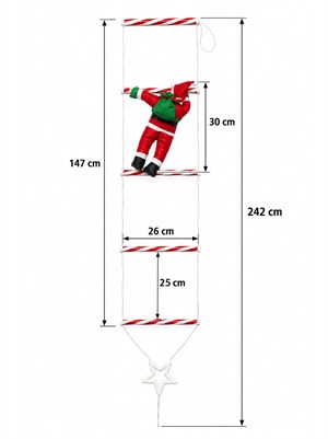 Merdivenli Tırmanan Noel Baba Led Işık 242 cm Kumandalı 8 fonksiyonlu Günışığı Pilli Yılbaşı Süsü