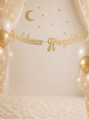Mevlidimize Hoşgeldiniz Yazılı Kaligrafi Banner Dekoratif Süs Gold