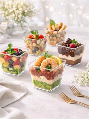 Mika Plastik Mini Kare Sunum Kasesi Şeffaf Kap 200 ml 50li