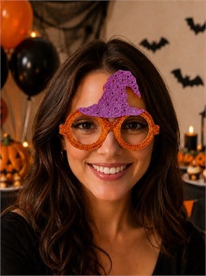 Mor Cadı Şapkalı Halloween Parti Gözlüğü – Cadılar Bayramı Kostüm Aksesuarı