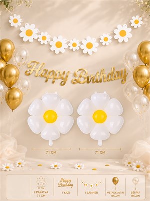 Papatya Konsept Doğum Günü Süsleme Seti Gold Happy Birthday Yazılı