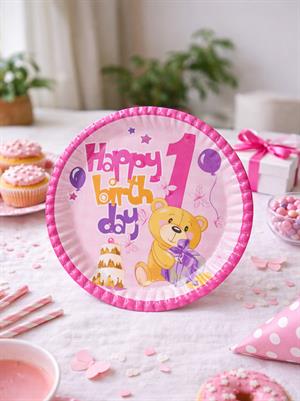 1 Yaş Kız Doğum Günü Karton Tabak - Pembe Ayıcıklı Parti Tabağı 8li