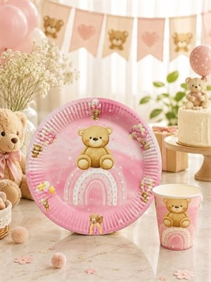 Pembe Ayıcık Temalı Karton Tabak ve Bardak Seti – Doğum Günü Parti Seti 8li