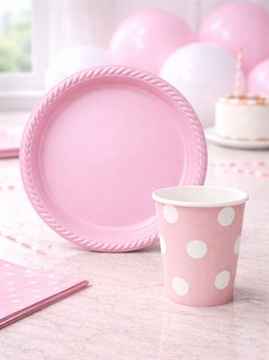 Pembe Plastik Tabak & Karton Bardak Seti – Doğum Günü Parti Malzemesi 24lü 