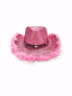 Pembe Simli Tüylü Kovboy Şapkası –  Parti ve Kostüm Aksesuarı