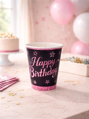 Pink Stars Happy Birthday Yazılı Karton Bardak Doğum Günü Parti Bardağı 8 Adet