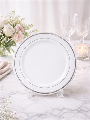 Porselen Görünümlü Mika Plastik Tabak Gümüş Çerçeveli 26 cm 6lı