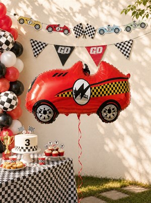 Retro Kırmızı Yarış Arabası Folyo Balon 110x49 cm Araba Temalı Doğum Günü Parti Balonu
