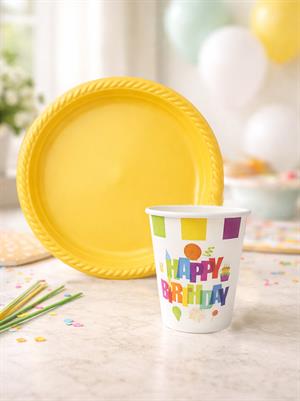 Sarı Plastik Tabak & Karton Bardak Seti – Doğum Günü Parti Malzemesi 24lü 