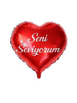 Seni Seviyorum Yazılı Kalp Folyo Balon Uçan Parti Balonu Kırmızı 45 cm
