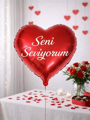 Seni Seviyorum Yazılı Kalp Folyo Balon Uçan Parti Balonu Kırmızı 45 cm