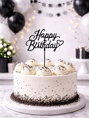Siyah Happy Birthday Kalpli Pasta Süsü – Doğum Günü Pasta Dekoru