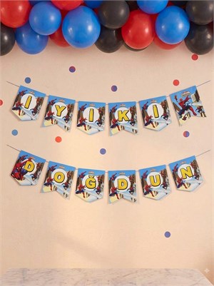 Spiderman Temalı İyi Ki Doğdun Yazı Banner Doğum Günü Parti Süsü