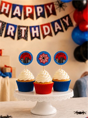 Spiderman Temalı Kürdan Örümcek Ağı Figürlü Cupcake Kürdanı Pasta Süsü 10lu