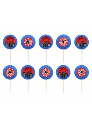 Spiderman Temalı Kürdan Örümcek Ağı Figürlü Cupcake Kürdanı Pasta Süsü 10lu
