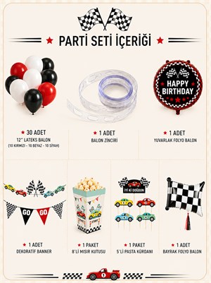 Yarış Arabaları Temalı Doğum Günü Parti Seti – Balon Zinciri ve Parti Malzemeleri