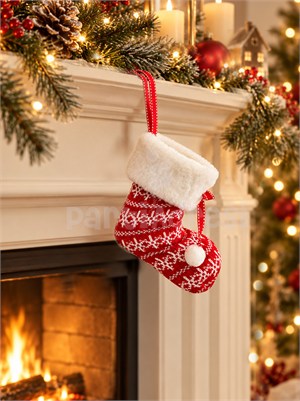 Yılbaşı Ağaç ve Şömine Süsü Kırmızı Beyaz Ponponlu Noel Çorabı 15 cm