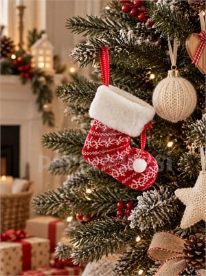 Yılbaşı Ağaç ve Şömine Süsü Kırmızı Beyaz Ponponlu Noel Çorabı 15 cm