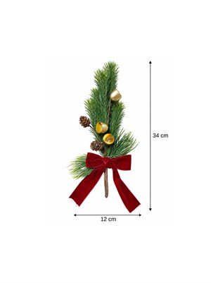 Yılbaşı Çam Dalı Dekoru 34 cm – Altın Çanlı Kozalaklı Kurdeleli Süs