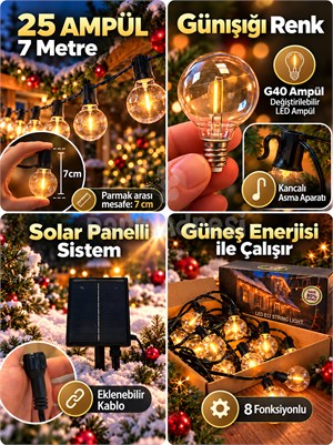 Yılbaşı Dekoru Güneş Enerjili Ampullü Eklenebilir Led Işık - Günışığı G40 LED 25li Ampul, 7 Metre