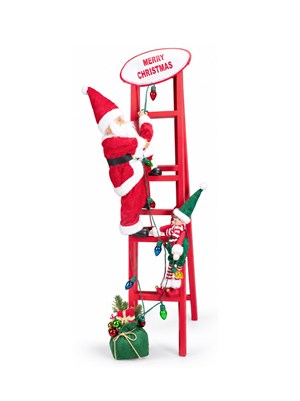 Yılbaşı Dekoru Merdivenli Noel Baba ve Elf 110 cm – Işıklı Yılbaşı Dekorasyonu