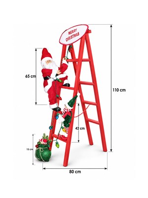 Yılbaşı Dekoru Merdivenli Noel Baba ve Elf 110 cm – Işıklı Yılbaşı Dekorasyonu